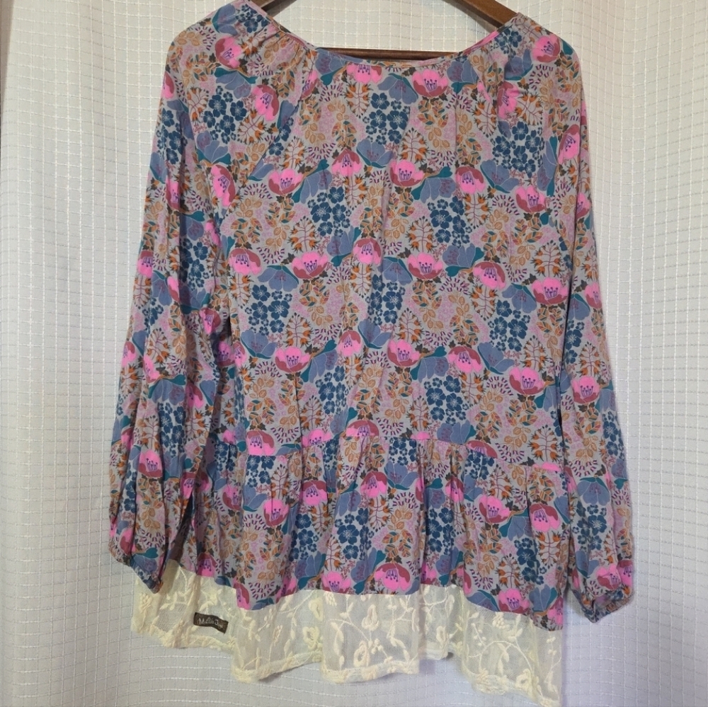 Matilda Jane Pink & Blue Floral Lace-Front Boho Tunic Size Large - Picture 4 of 9